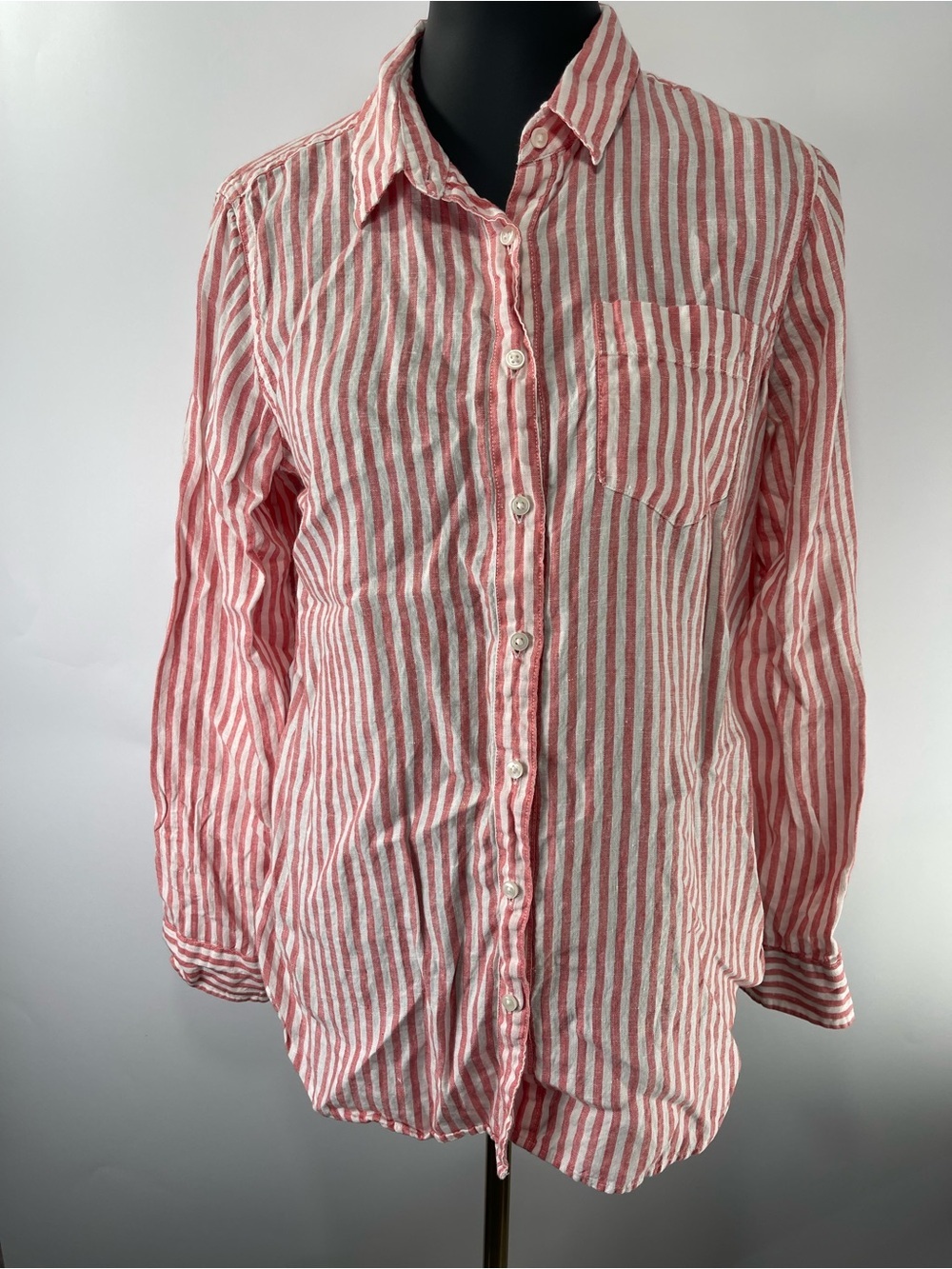 LL Bean Women’s Heather Red White Stripe 100% Linen Button Up Top Medium